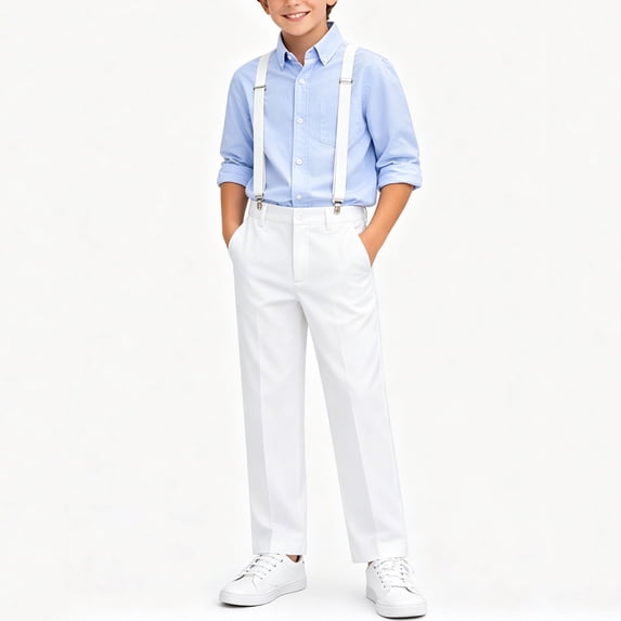 Gamivast Dress Pants for Boys Preppy with Suspender Straight Leg Back To School Open Bottom Trousers for Everyday Wear School and formal White 7-8Years