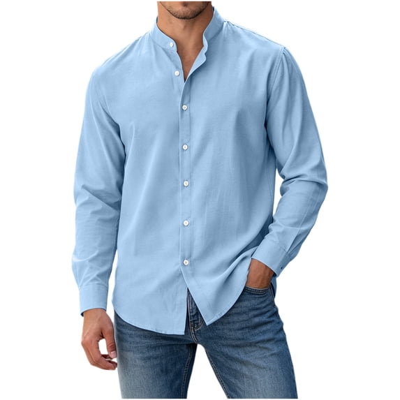 Gamivast Dress Shirts for Men Stand Collarlong Sleeve Button Down Blouses Casual Slim Fit Solid Tops Lightweight Work Office Outfits Blue M