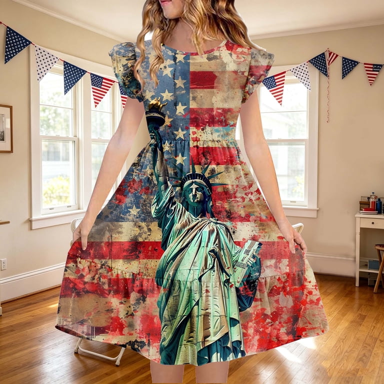 Gamivast Dresses for Girls Patriotic Statue Of Liberty Print Dress Flutter Sleeve A-Line Dress Fourth Of July Independence Day Party Dress Holiday Outfit Multicolor 7-8 Years