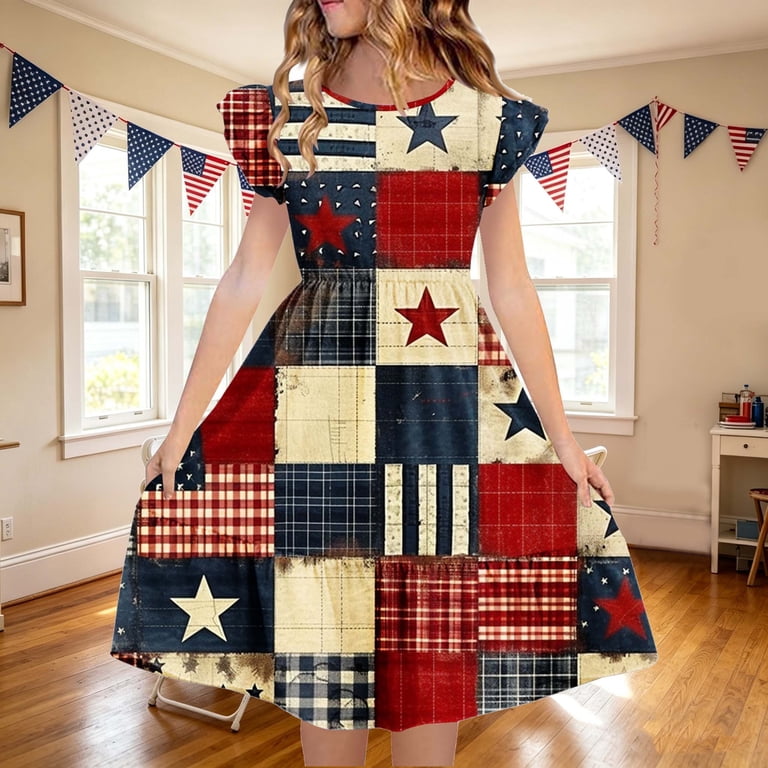 fourth of july party dresses Gamivast Dresses for Girls Patriotic Tie Dye Flag Print Dress Flutter  Sleeve A-Line Dress Fourth Of July Independence Day Party Dress Holiday  Outfit