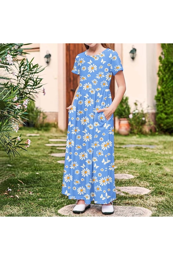 Dresses Girls Short Sleeve Maxi Dress Round Neck Moon Star Print Long Dress with Pockets Casual A-Line Summer Vacation Everyday Sundress Blue 4 Years