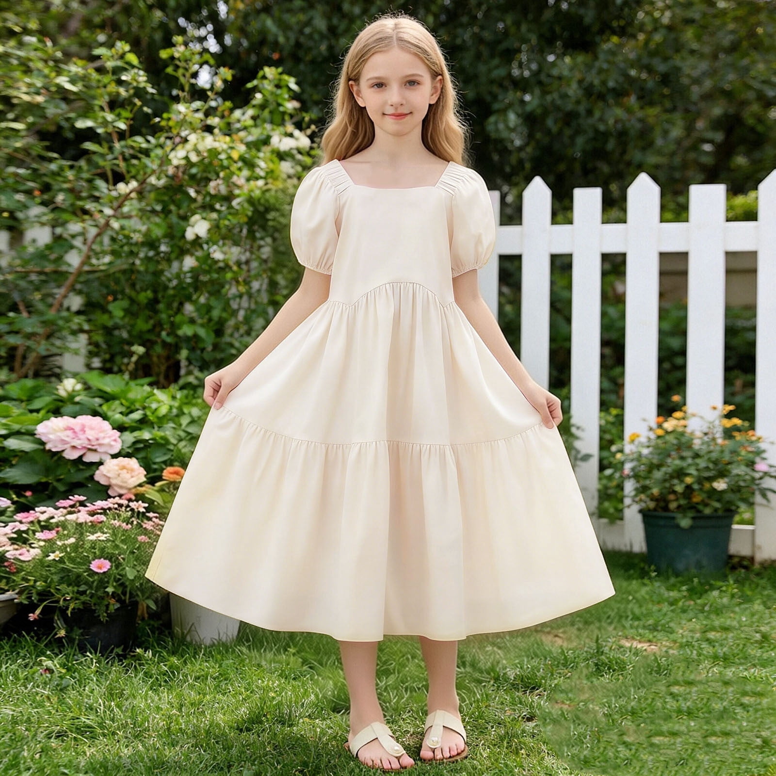 midi dress for girls Gamivast Dresses Square Neck Puff Sleeve Tiered Back to School A-Line Princess Party Flower Girl Wedding Birthday Holiday Easter long sleeves INSPIRE CHIC Girls Corduroy Midi