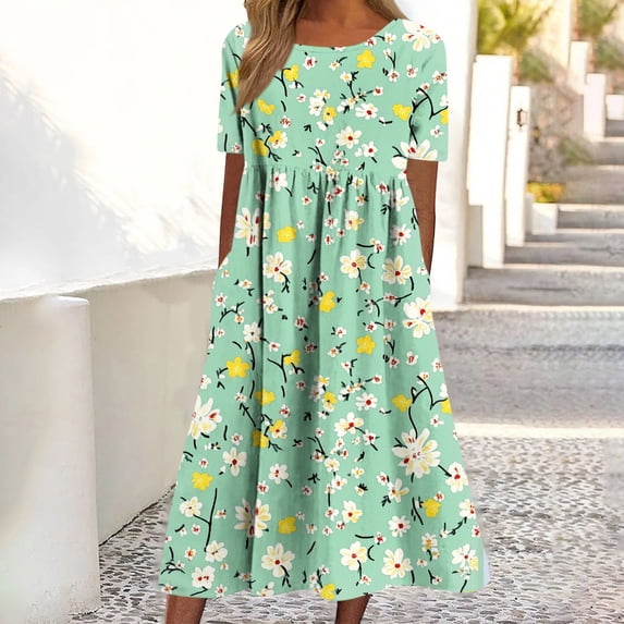 Gamivast Dresses for Women Boho Floral Print Short Sleeve Midi Dress Casual Loose Fit Round Neck A-Line Boho Swing Dress Lightweight Summer Sundress Multicolor L