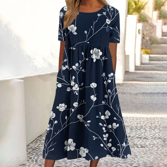 Gamivast Dresses for Women Boho Floral Print Short Sleeve Midi Dress Casual Loose Fit Round Neck A-Line Boho Swing Dress Lightweight Summer Sundress Multicolor XL