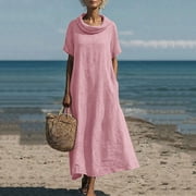 Gamivast Dresses for Women Cowl Neck Short Sleeve Loose Fit Flowy Maxi Dress with Pockets Lounge Dress Casual Dress Modest Dress Spring Summer Vacation Pink XXL
