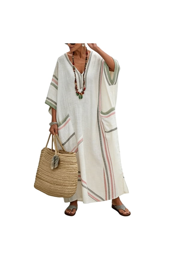 Dresses for Women Half Sleeve V Neck Loose Fit Kaftan Maxi Dress Cotton Linen Striped Print Pockets Detail Comfy Casual Beach Vacation Summer Dresses