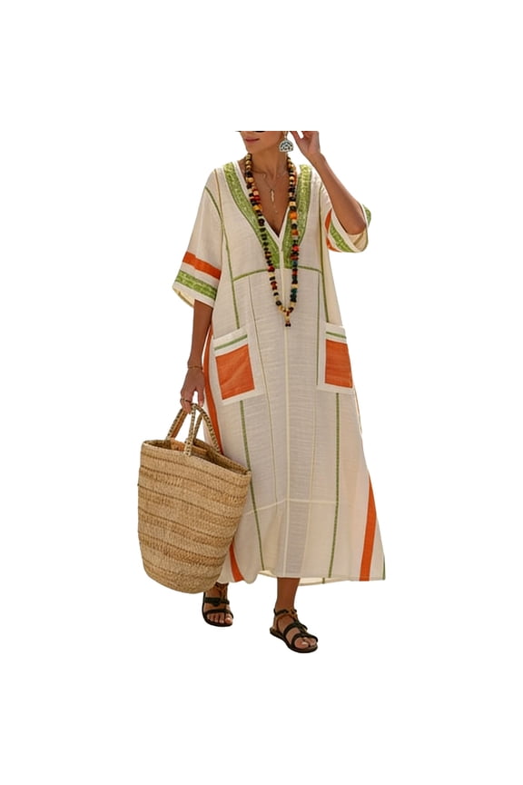 Dresses for Women Half Sleeve V Neck Loose Fit Kaftan Maxi Dress Cotton Linen Striped Print Pockets Detail Comfy Casual Beach Vacation Summer Dresses