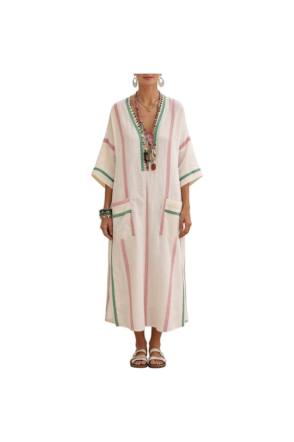 Dresses for Women Half Sleeve V Neck Loose Fit Kaftan Maxi Dress Cotton Linen Striped Print Pockets Detail Comfy Casual Beach Vacation Summer Dresses