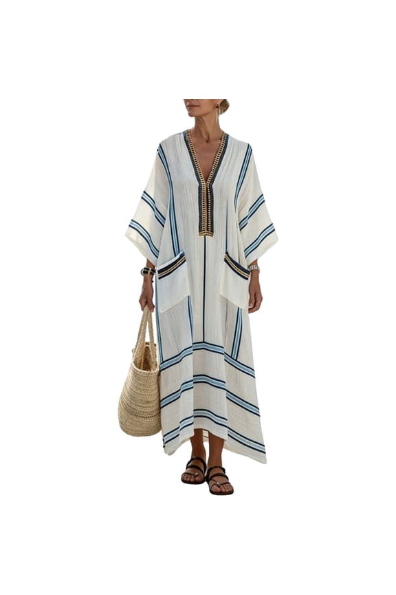 Dresses for Women Half Sleeve V Neck Loose Fit Kaftan Maxi Dress Cotton Linen Striped Print with Pockets Flowy Casual Beach Vacation Summer Dresses