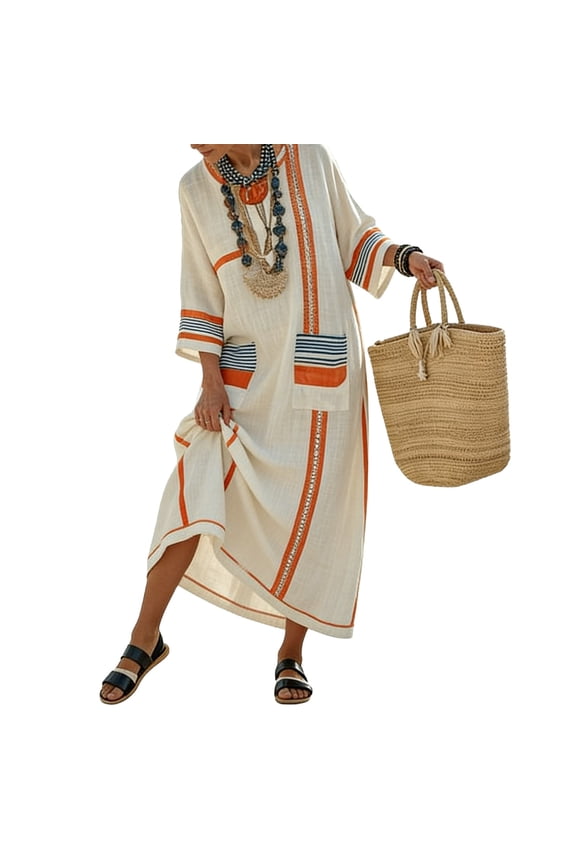 Dresses for Women Half Sleeve V Neck Loose Fit Kaftan Maxi Dress Cotton Linen Striped Print with Pockets Flowy Casual Beach Vacation Summer Dresses