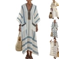 thumbnail image 1 of Gamivast Dresses for Women Half Sleeve V Neck Loose Fit Kaftan Maxi Dress Cotton Linen Striped Print with Pockets Flowy Casual Beach Vacation Summer Dresses, 1 of 4