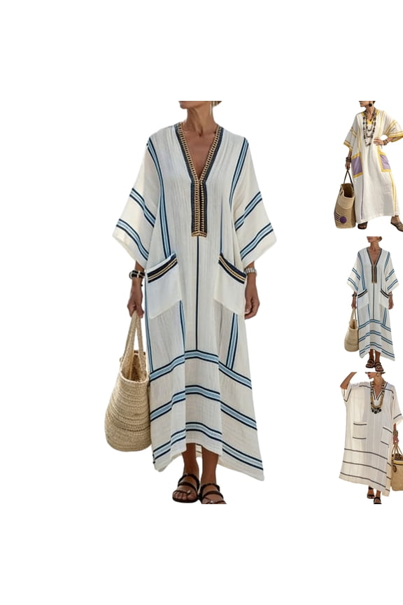 Dresses for Women Half Sleeve V Neck Loose Fit Kaftan Maxi Dress Cotton Linen Striped Print with Pockets Flowy Casual Beach Vacation Summer Dresses