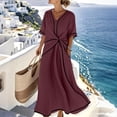 thumbnail image 1 of Gamivast Dresses for Women Linen Short Sleeve V-Neck Twist Front Maxi Dress Loose Fit A-Line Long Dress with Pockets Casual Resort Vacation Beach Dress Wine S, 1 of 6