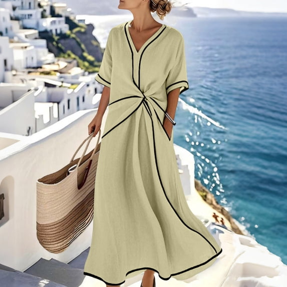 Gamivast Dresses for Women Linen Short Sleeve V-Neck Twist Front Maxi Dress Loose Fit A-Line Long Dress with Pockets Casual Resort Vacation Beach Dress Yellow XL