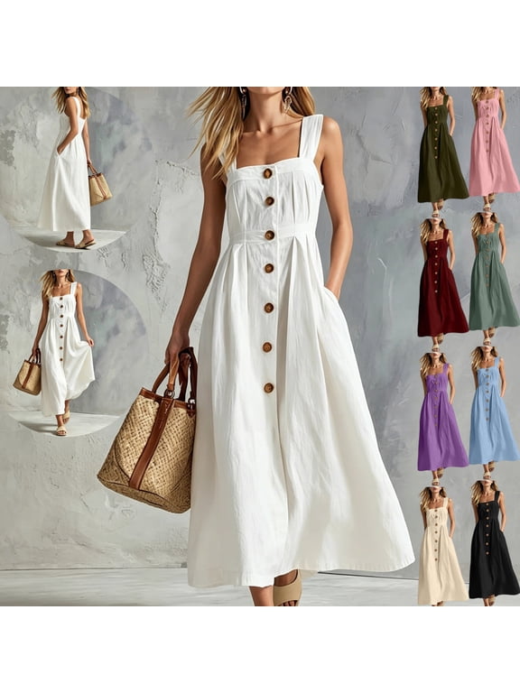 Dresses for Women Linen Sleeveless Square Neck Button Front Maxi Dress with Pockets Casual A-Line Sundress Summer Vacation Beach Dress White XL