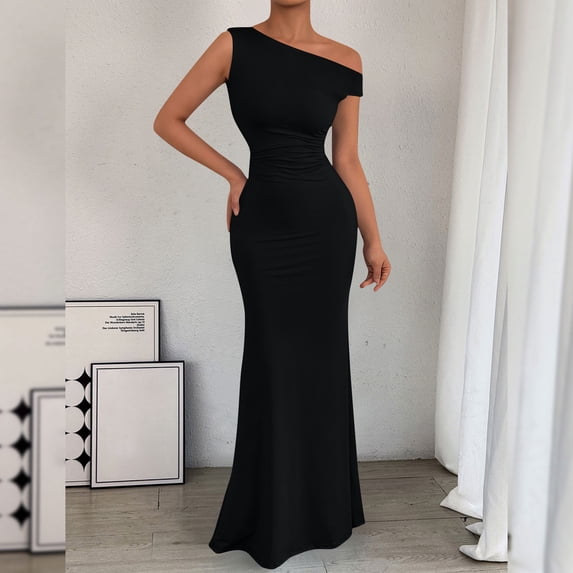 Gamivast Dresses for Women One Shoulder Maxi Dress Sleeveless Ruched Bodycon Mermaid Dress Elegant formal Evening Gown Cocktail Party Wedding Guest Dress Black S
