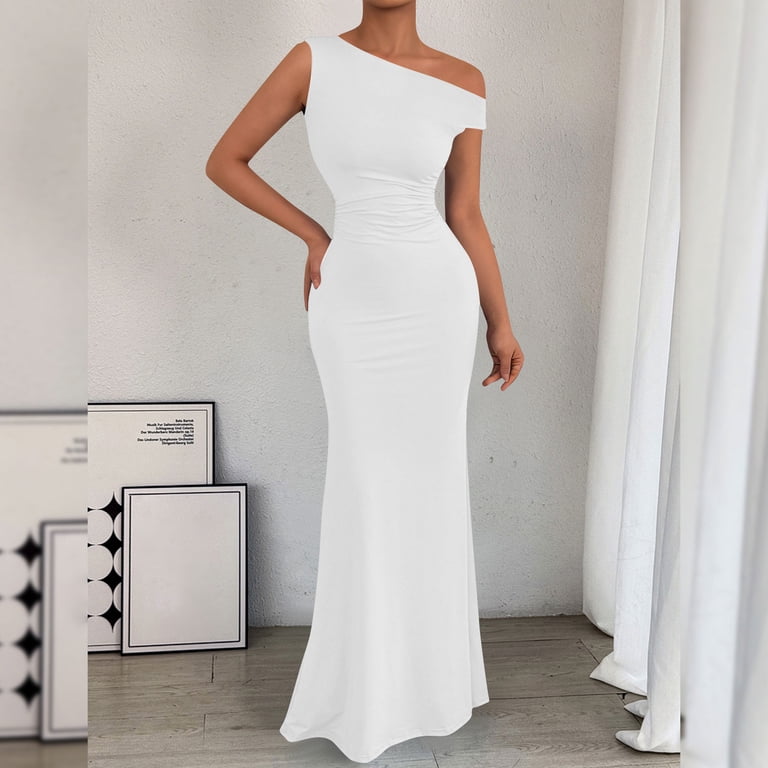 white bodycon mermaid dress Gamivast Dresses for Women One Shoulder Maxi Sleeveless Ruched Dress Elegant formal Evening Gown Cocktail Party Wedding Guest COLOR:Deep Emerald This gown offers the vestidos midis Summer Beige Cotton Maxi