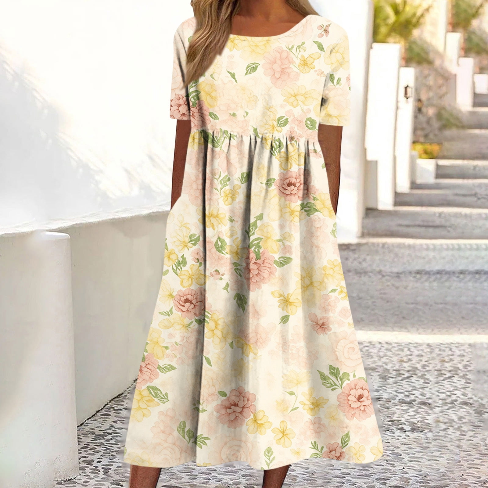 plus size boho midi dress Gamivast Dresses for Women Floral Print Short Sleeve Casual Loose Fit Round Neck Boho Vacation Sundress Flowy Summer Beach Womens dresses