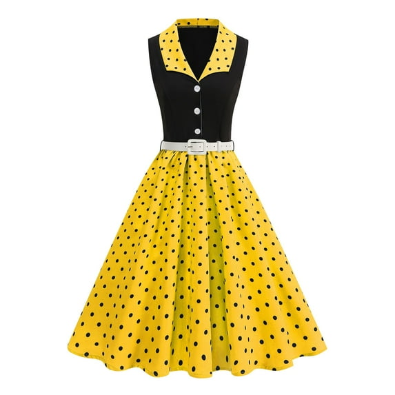 Gamivast Dresses for Women Polka Dot 1950S Retro Lapel Collar Sleeveless Dress Midi Dresses with Belt Vintage Style Cocktail Party Swing Dress for Wedding Guest