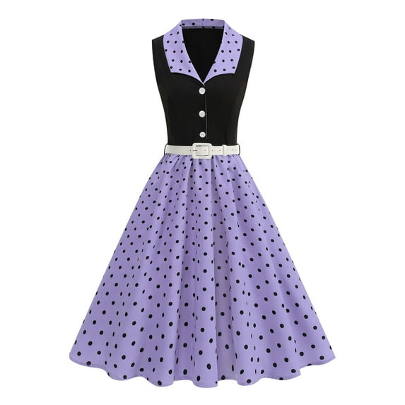 Gamivast Dresses for Women Polka Dot 1950S Retro Lapel Collar Sleeveless Dress Midi Dresses with Belt Vintage Style Cocktail Party Swing Dress for Wedding Guest