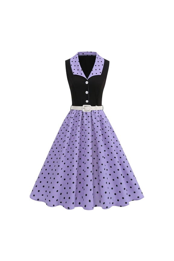 Dresses for Women Polka Dot 1950S Retro Lapel Collar Sleeveless Dress Midi Dresses with Belt Vintage Style Cocktail Party Swing Dress for Wedding Guest