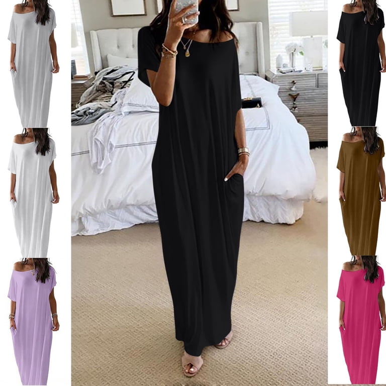 casual dresses to wear around the house Gamivast for Women Off Shoulder Maxi Dress Lounge Dress Loose Fit Dress Short Sleeve Sleep Dress with Pockets for Home Vacation Gray XL You can choose freely. COLOR:Night Blue Outfit ideas SIZE_04 Obsession with black color