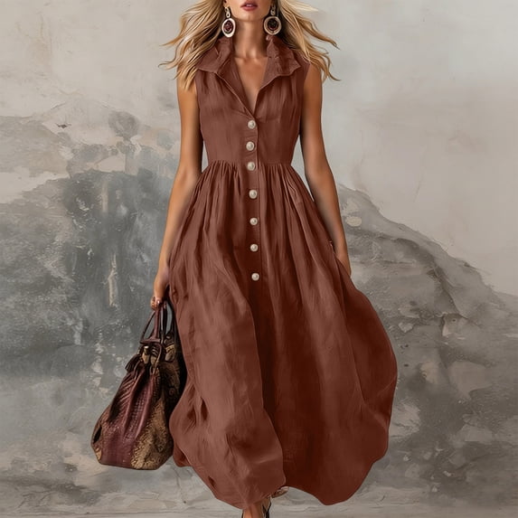 Gamivast Dresses for Women Sleeveless Button Front Shirt Dress Collared A-Line Maxi Dress with Pockets Casual Resort Vacation Beach Sundress Brown XXL