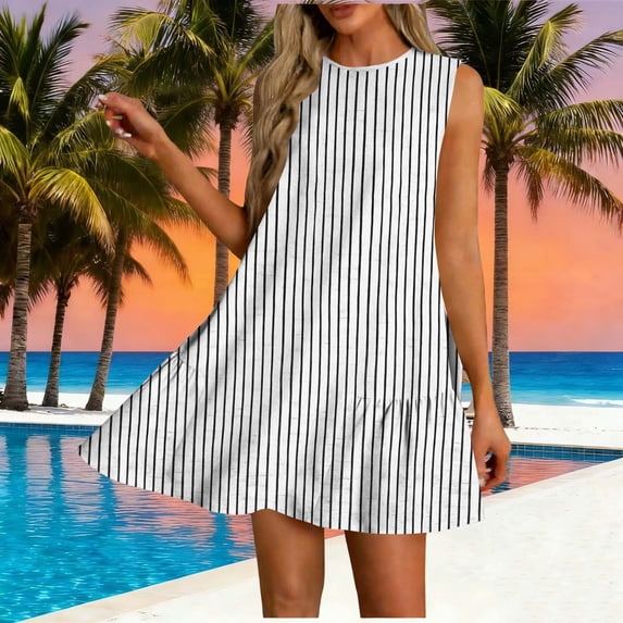 Gamivast Dresses for Women Sleeveless Crew Neck Loose Fit Shift Mini Dress Striped Pattern Ruffle Hem Flowy Flattering Casual Everyday Summer Dresses Spring Dresses
