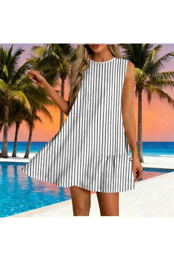 Dresses for Women Sleeveless Crew Neck Loose Fit Shift Mini Dress Striped Pattern Ruffle Hem Flowy Flattering Casual Everyday Summer Dresses Spring Dresses