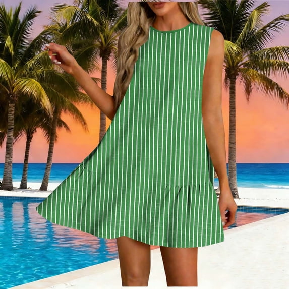 Gamivast Dresses for Women Sleeveless Crew Neck Loose Fit Shift Mini Dress Striped Pattern Ruffle Hem Flowy Flattering Casual Everyday Summer Dresses Spring Dresses