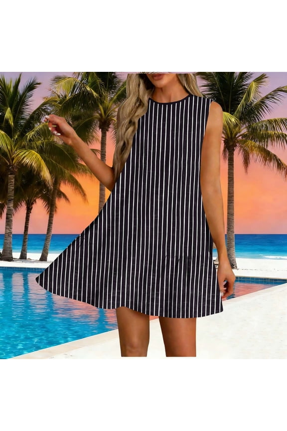 Dresses for Women Sleeveless Crew Neck Loose Fit Shift Mini Dress Striped Pattern Ruffle Hem Flowy Flattering Casual Everyday Summer Dresses Spring Dresses