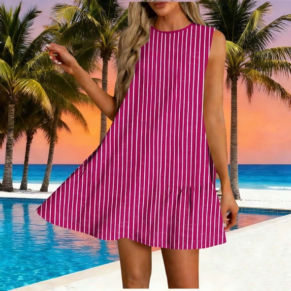 Gamivast Dresses for Women Sleeveless Crew Neck Loose Fit Shift Mini Dress Striped Pattern Ruffle Hem Flowy Flattering Casual Everyday Summer Dresses Spring Dresses