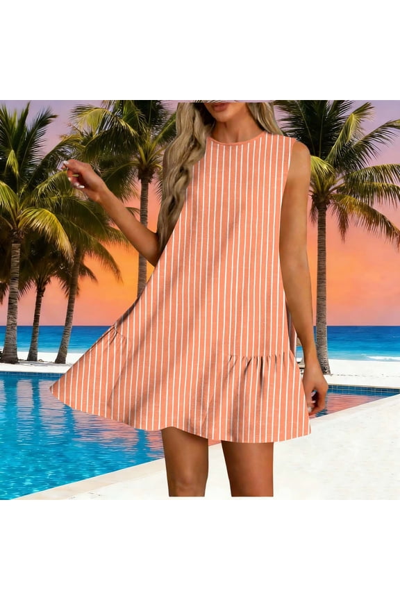 Dresses for Women Sleeveless Crew Neck Loose Fit Shift Mini Dress Striped Pattern Ruffle Hem Flowy Flattering Casual Everyday Summer Dresses Spring Dresses