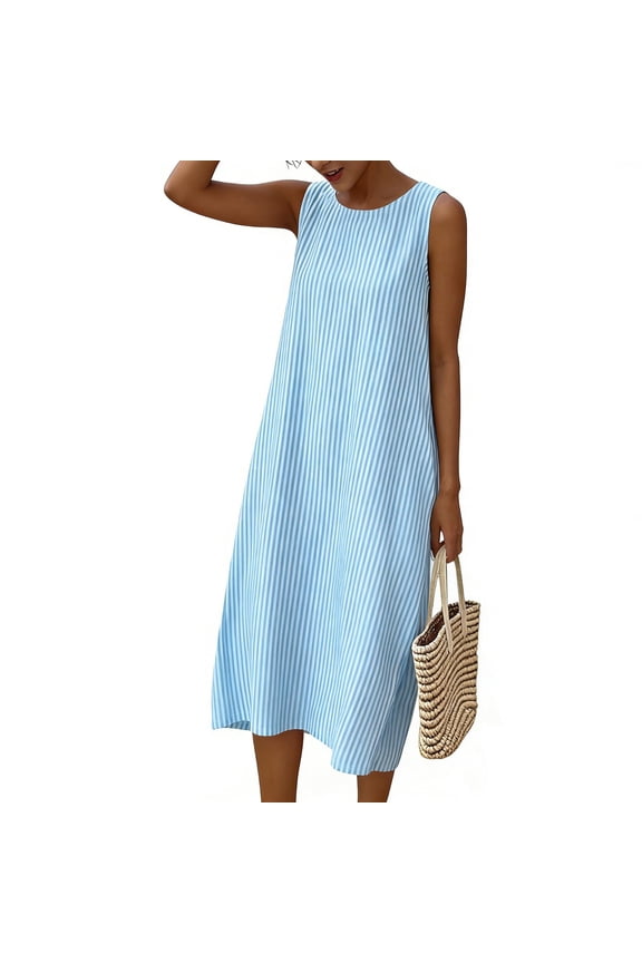 Dresses for Women Sleeveless Pleated Midi Dress Shift Dress Loose Fit Casual Dress Elegant Dress Vacation Dress Spring Summer Wear Light Blue XXL