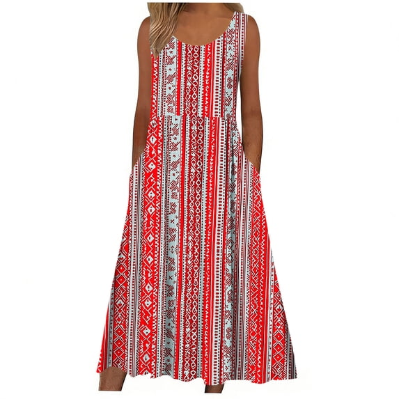 Gamivast Dresses for Women Sleeveless Scoop Neck Empire Waist A-Line Midi Dress Boho Floral Print with Pockets Flowy Comfy Casual Beach Summer Dresses