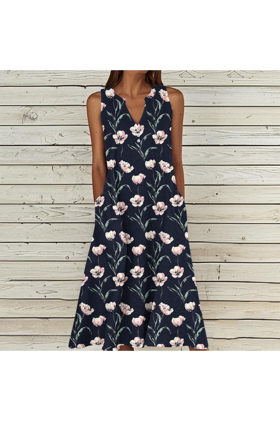 Dresses for Women Sleeveless V Neck Empire Waist A-Line Maxi Dress Floral Print with Pockets Flowy Flattering Casual Daily Summer Dresses Spring Dresses