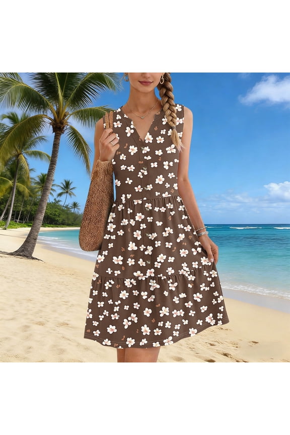 Dresses for Women Sleeveless V Neck Empire Waist A-Line Midi Dress Floral Print Button Down Flowy Flattering Casual Work Summer Dresses Spring Dresses