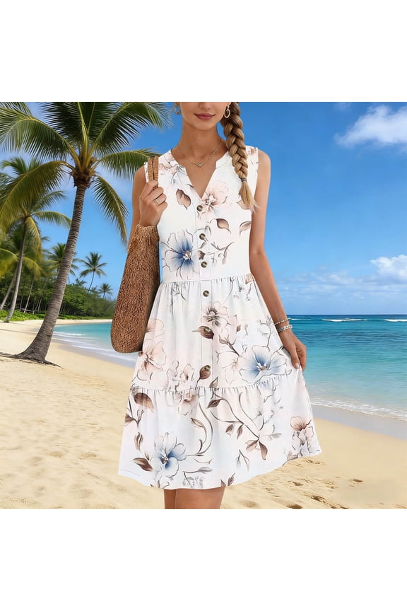 Dresses for Women Sleeveless V Neck Empire Waist A-Line Midi Dress Floral Print Button Down Tiered Hem Flowy Casual Party Summer Dresses Spring Dresses