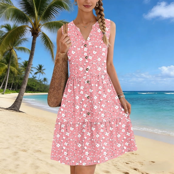 Gamivast Dresses for Women Sleeveless V Neck High Waist A-Line Midi Dress Floral Print Button Down Tiered Hem Flowy Casual Daily Summer Dresses Spring Dresses