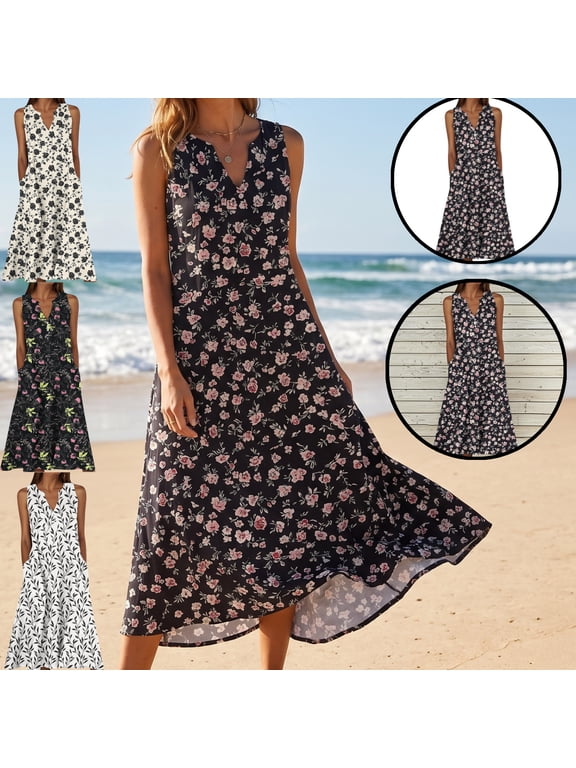 Dresses for Women Sleeveless V Neck High Waisted A-Line Midi Dress Ditsy Floral Print with Pockets Flowy Casual Vacation Summer Dresses Spring Dresses