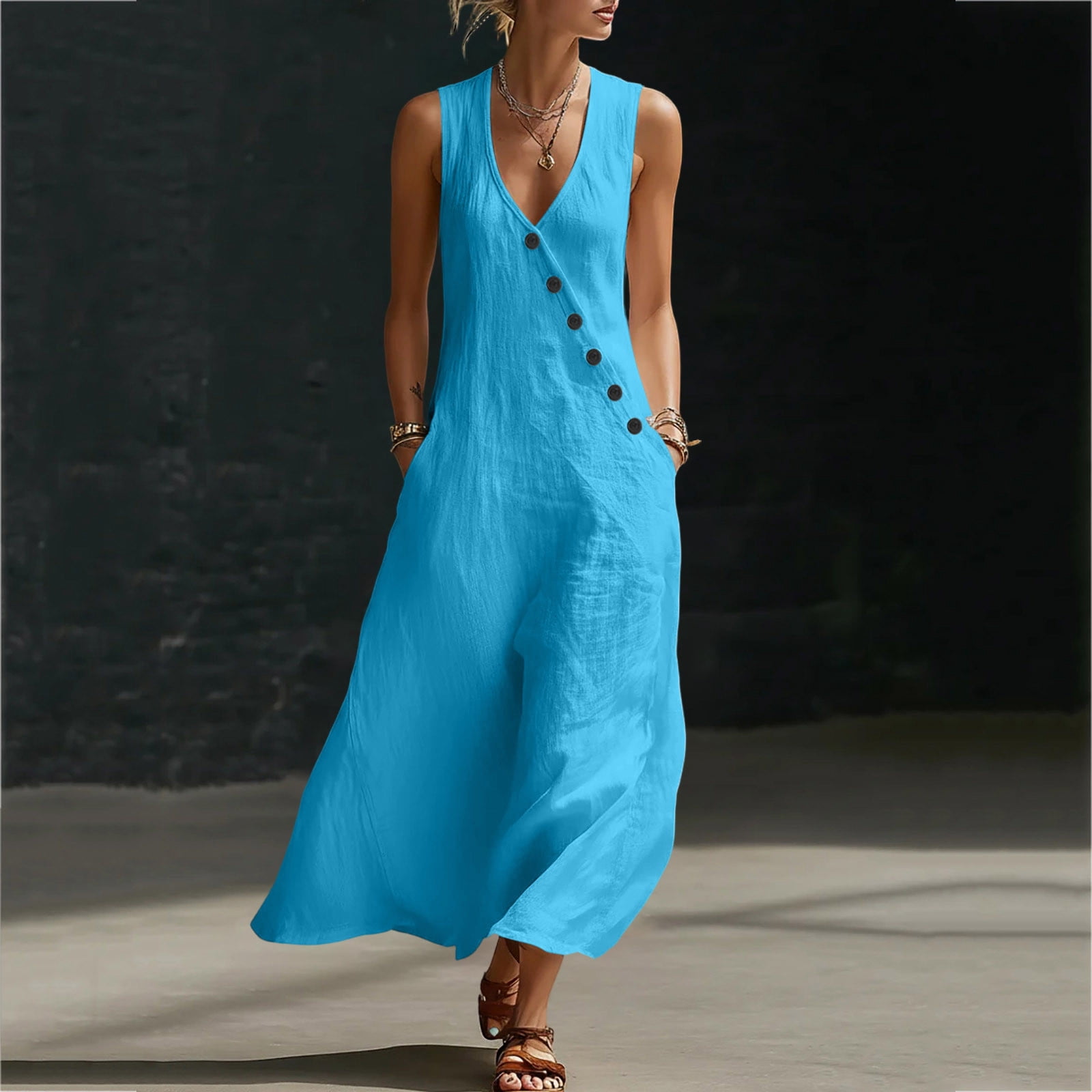 sleeveless dresses for women Women's Just Right Moments Beige Sleeveless Belted Maxi Shirt Dress | Size: L