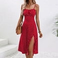 thumbnail image 1 of Gamivast Dresses for Women Spaghetti Strap Square Neck Ruched A-Line Midi Dress Polka Dot Print High Slit Hem Flattering Elegant Cocktail Spring Dresses, 1 of 7