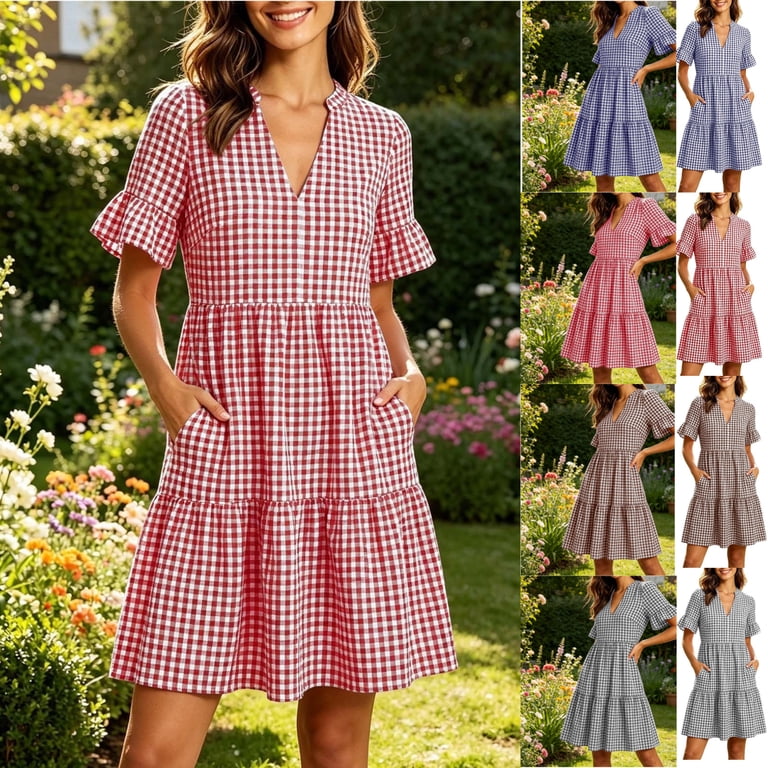 Gamivast Dresses for Women V-Neck Ruffle Sleeve Gingham Dress Casual A-Line Dress with Pockets Knee Length Flutter Sleeve Summer Picnic Vacation Daily 