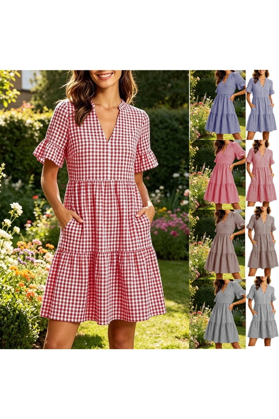 Dresses for Women V-Neck Ruffle Sleeve Gingham Dress Casual A-Line Dress with Pockets Knee Length Flutter Sleeve Summer Picnic Vacation Daily Wear Red M