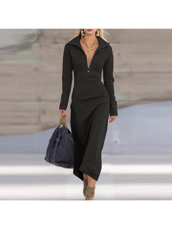 Dresses for Women Zip Front Long Sleeve Bodycon Maxi Dress Collared Deep V Neck Elegant Dress Going Out Dress Date Night Dress Long Dress Black XL