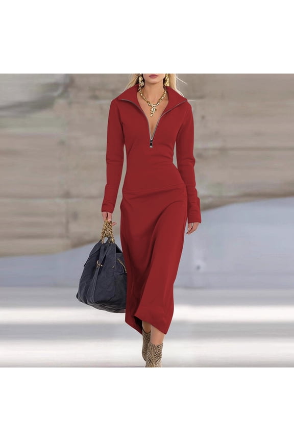 Dresses for Women Zip Front Long Sleeve Bodycon Maxi Dress Collared Deep V Neck Elegant Dress Going Out Dress Date Night Dress Long Dress Red XXL