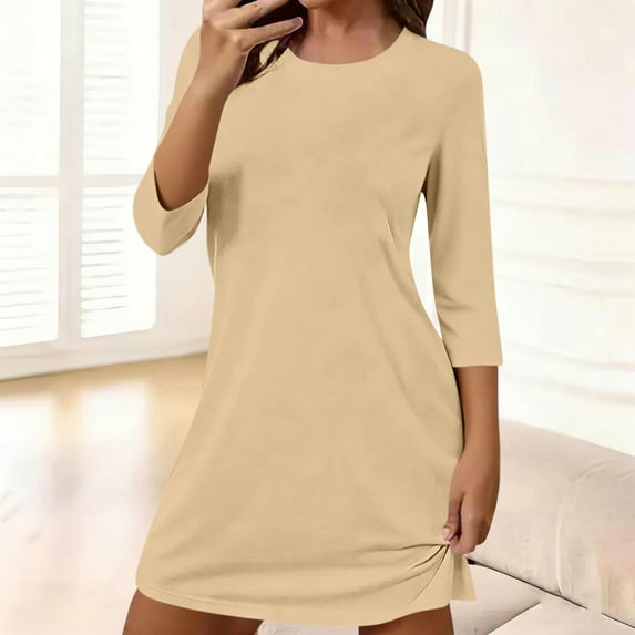 Gamivast Dresses for Women Crew Neck 3/4 Sleeve T Shirt Dress Casual Loose Swing Mini Dress Soft Everyday Tunic Dress for Work Travel Lounge Khaki S