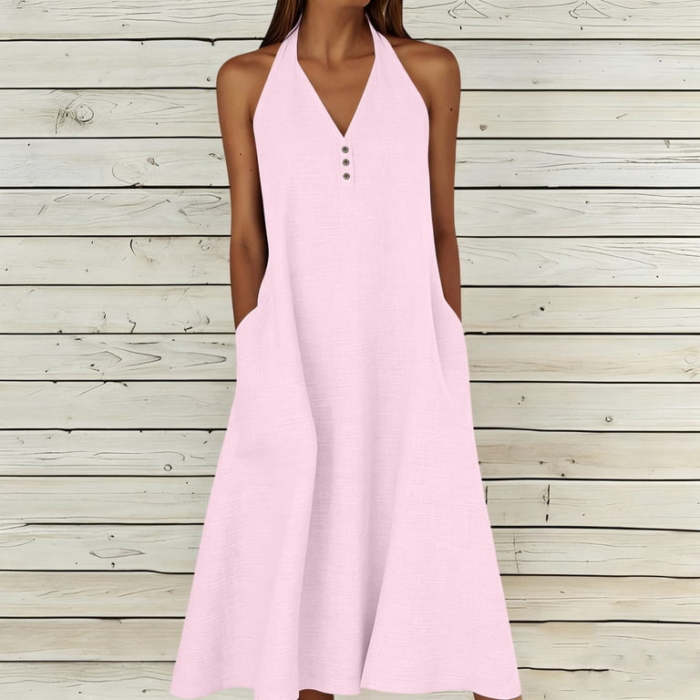 pink linen halter dress Gamivast Dresses for Women V-Neck Sleeveless Maxi with Pockets Casual Loose Fit Button Front Summer Beach Vacation Dress S Stretch Satin Fabric