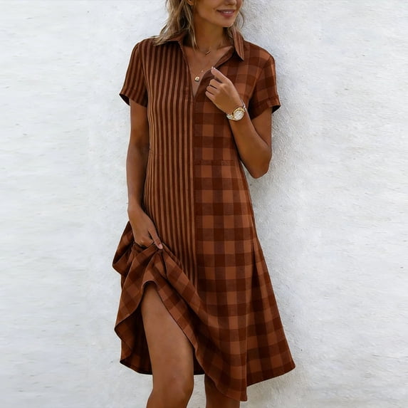 Gamivast Dresses for Women Short Sleeve Collared Zip Front Stripe Gingham Patchwork Midi Dress Shirt Dress Casual Dress Vacation Daily Wear Brown M