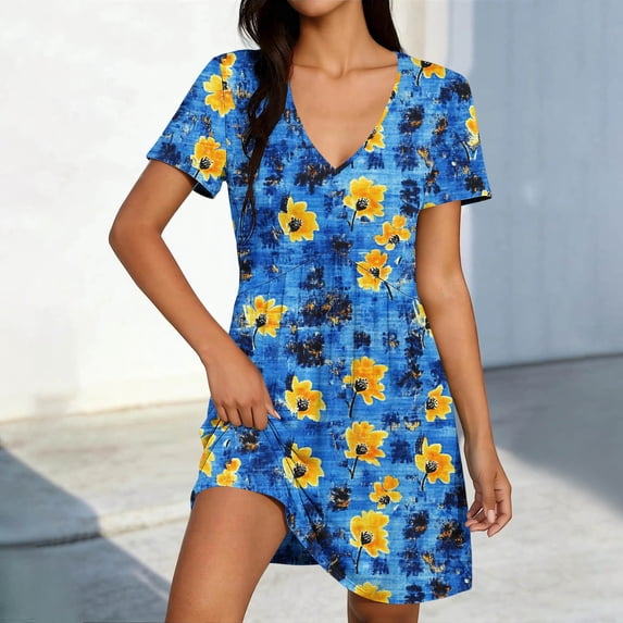 Gamivast Dresses for Women Short Sleeve V-Neck Babydoll Mini Dress Star Print A-Line Swing Sundress Casual Summer Holiday Vacation Cute Dress Blue XL